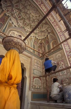 Renovations at the Amber Fort in the City of Jaipur in the Province of Rajasthan in India.  India, Jaipur, January, 1998