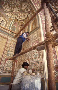 Renovations at the Amber Fort in the City of Jaipur in the Province of Rajasthan in India.  India, Jaipur, January, 1998