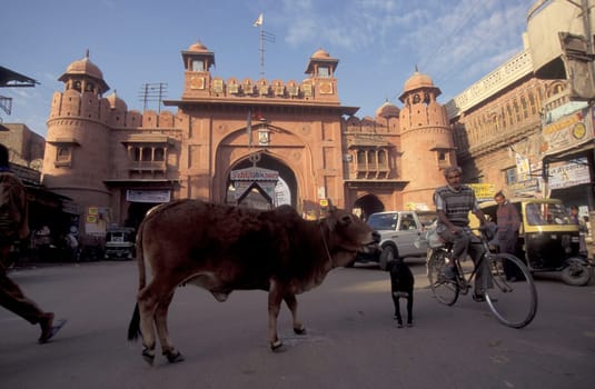 a City wall Gate in the old town of Jaipur in the province of Rajasthan in India.  India, Jaipur, January, 1998