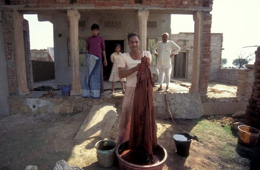 Working People in a textile coloring and dryeing Factory in the City of Jaipur in the Province of Rajasthan in India.  India, Jaipur, January, 1998