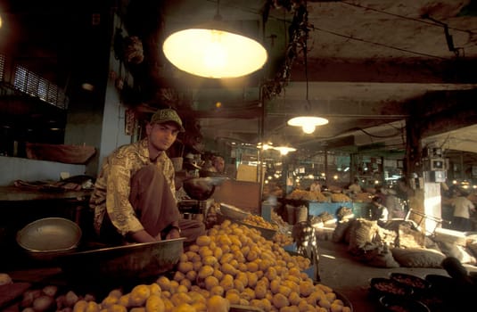 a food market street in the City of Jaipur in the Province of Rajasthan in India.  India, Jaipur, January, 1998
