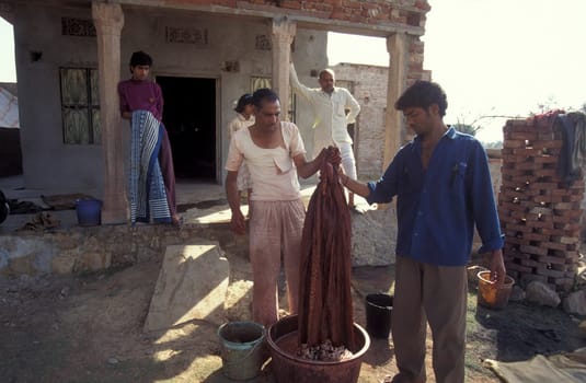 Working People in a textile coloring and dryeing Factory in the City of Jaipur in the Province of Rajasthan in India.  India, Jaipur, January, 1998