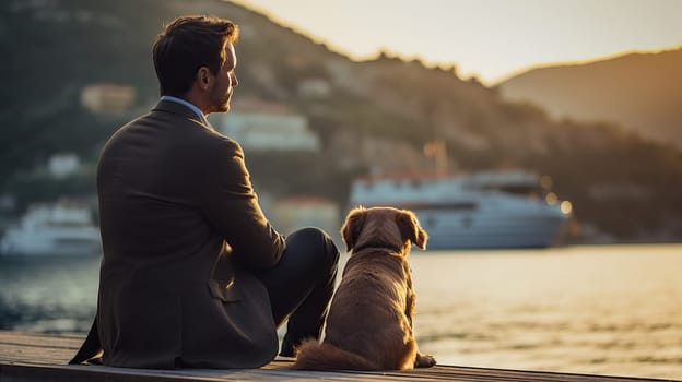 A man in a suit sits on a dock with his dog, gazing out at the water and a sunset over distant hills.