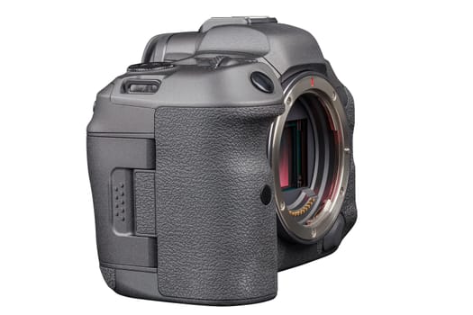 black 2020s professional 35mm full-frame mirrorless camera body with flip screen isolated on white background.