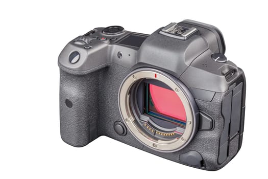 black 2020s professional 35mm full-frame mirrorless camera body with flip screen isolated on white background.