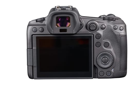 black 2020s professional 35mm full-frame mirrorless camera body with flip screen isolated on white background, straight rear view