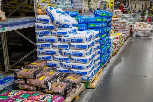 Pallets of gypsum plaster in a Leroy Merlin hardware store in Tula, Russia - June 21, 2022