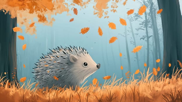 Hedgehog in the autumn forest, fall season with colorful foliage, animal cartoon illustration for children, fairy tale