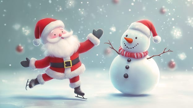 Santa Claus is iceskating with snowman on the frozen lake, winter holiday season, christmas greeting card