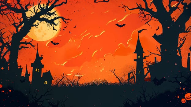 Halloween castle at a graveyard, full moon, bats flying around, evil scary night, darkness