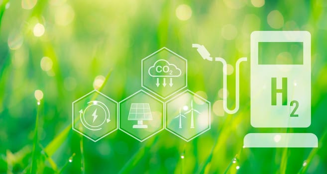 Green hydrogen energy generation using sustainable renewable resources like sun and wind. Hydrogen fuel cell vehicle with zero emissions. Green technology for future. Advancing the hydrogen economy.