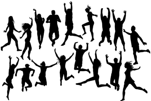 Black silhouettes of women and men jumping