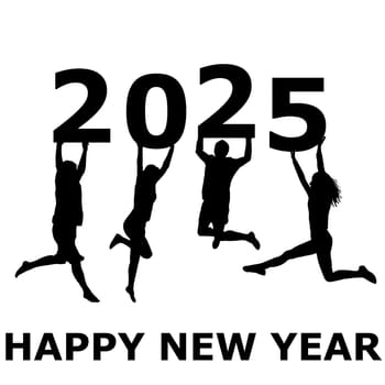 Happy new year illustration with black silhouettes of happy people jumping and holding number 2025 in their hands