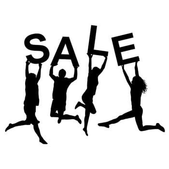 SALE concept with black silhouettes of happy people jumping and holding SALE letters in their hands