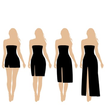 Illustration of woman wearing  different shapes of evening and cocktail black dresses