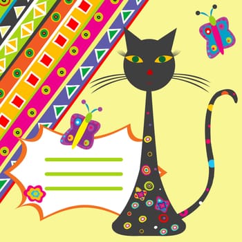 Greeting card with cartoon cat and label
