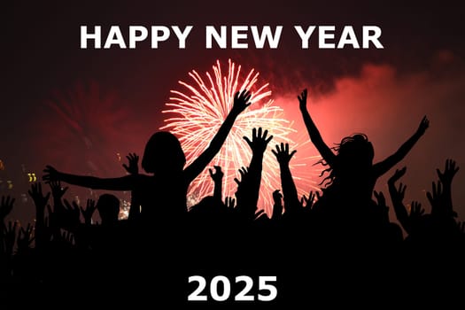 Happy new year illustration with silhouettes of happy people and fireworks