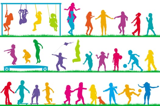 Colored silhouettes of kids playing outdoor