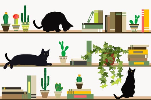 Shelves with books, cactus pots and black cats