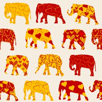 Seamless background with colorful elephants in various orange and yellow patterns