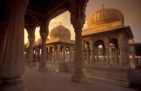 the ruins of Royal Crematorium Devi Kund Sagar near Bikaner in the Tar Desert in the Province of Rajasthan in India.  India, Jaisalmer, January, 1998