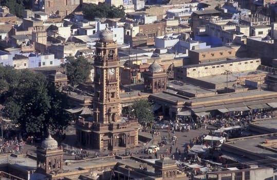 the clock Tower in the old Town of Jodhpur in the Province of Rajasthan in India.  India, Jodhpur, January, 1998