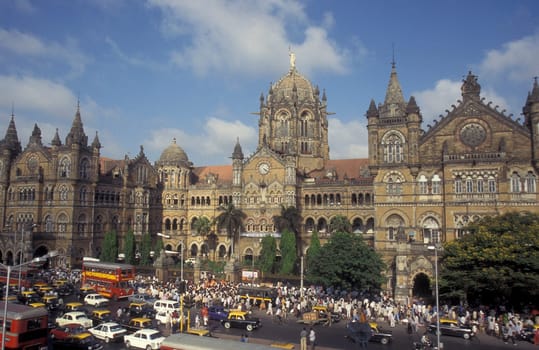 the architecture of the Mumbai Railway Station or Chhatrapati Shivaji Terminus in the city centre of Mumbai in India.  India, Mumbai, March, 1998