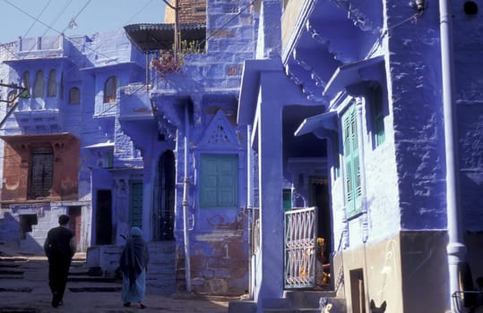 a blue painted living House in the Blue City and Town of Jodhpur in the Province of Rajasthan in India.  India, Jodhpur, January, 1998