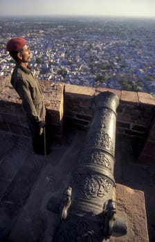 a view from the Meherangarh to the Town and Blue City of Jodhpur in the Province of Rajasthan in India.  India, Jodhpur, January, 1998