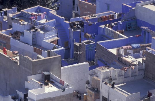 a blue painted living Houses in the Blue City and Town of Jodhpur in the Province of Rajasthan in India.  India, Jodhpur, January, 1998