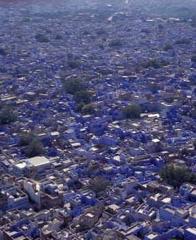 a view with living Houses in the Blue City and Town of Jodhpur in the Province of Rajasthan in India.  India, Jodhpur, January, 1998