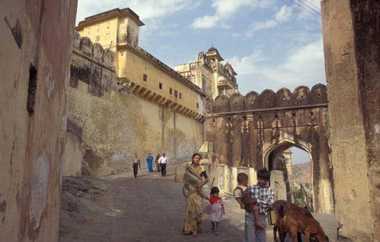 the way to the entrance of the Meherangarh in the Town of Jodhpur in the Province of Rajasthan in India.  India, Jodhpur, January, 1998