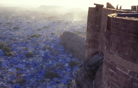 a view from the Meherangarh to the Town and Blue City of Jodhpur in the Province of Rajasthan in India.  India, Jodhpur, January, 1998