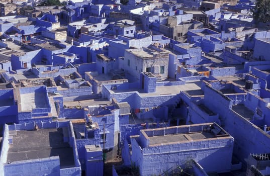 a view with living Houses in the Blue City and Town of Jodhpur in the Province of Rajasthan in India.  India, Jodhpur, January, 1998