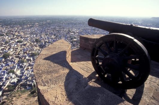 a view from the Meherangarh to the Town and Blue City of Jodhpur in the Province of Rajasthan in India.  India, Jodhpur, January, 1998