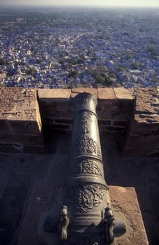a view from the Meherangarh to the Town and Blue City of Jodhpur in the Province of Rajasthan in India.  India, Jodhpur, January, 1998