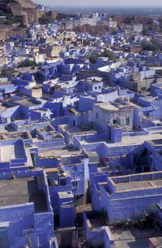 a view with living Houses in the Blue City and Town of Jodhpur in the Province of Rajasthan in India.  India, Jodhpur, January, 1998