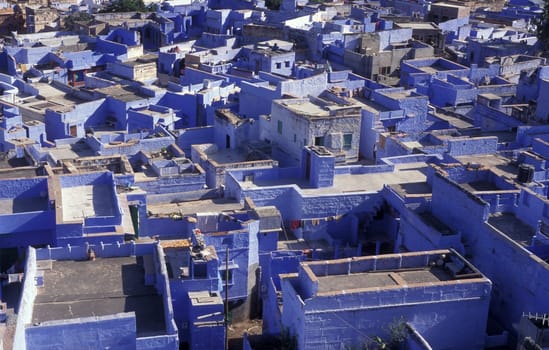 a view with living Houses in the Blue City and Town of Jodhpur in the Province of Rajasthan in India.  India, Jodhpur, January, 1998