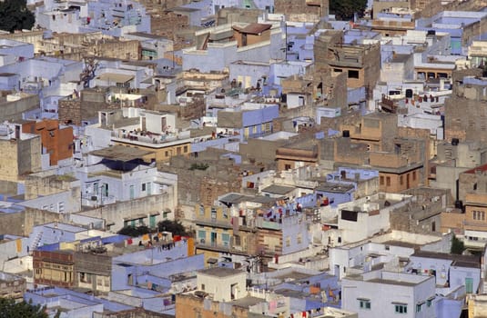 a view with living Houses in the Blue City and Town of Jodhpur in the Province of Rajasthan in India.  India, Jodhpur, January, 1998