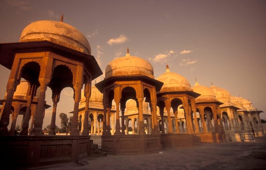 the ruins of Royal Crematorium Devi Kund Sagar near Bikaner in the Tar Desert in the Province of Rajasthan in India.  India, Jaisalmer, January, 1998