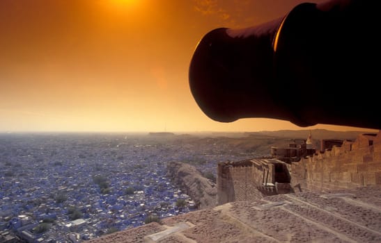 a view from the Meherangarh to the Town and Blue City of Jodhpur in the Province of Rajasthan in India.  India, Jodhpur, January, 1998