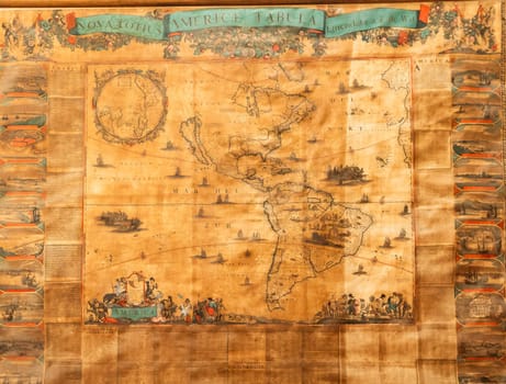 Genoa, Italy - 28 December 2023: ancient cartography located in Spinola Palace. Authentic old map showing the world known to Europeans in the mid 17-th Century. Exploration, geography, vintage background.