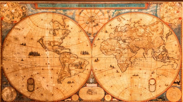 Genova, Italy - 8 August 2023: Spinola Palace. Authentic antique map shows the world known to Europeans in the mid 17-th Century. Exploration, geography, vintage background