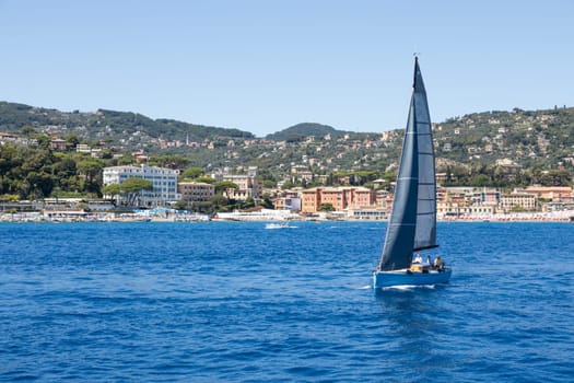 Liguria, Italy - 07 August 2023: the coastline between Rapallo and Santa Margherita Ligure, Ligurian riviera.