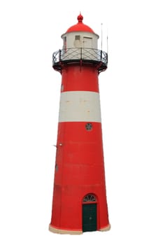 a red lighthouse with blue sky in the background