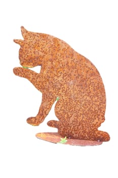 a cat made of rusted metal, placed as a decoration in the garden