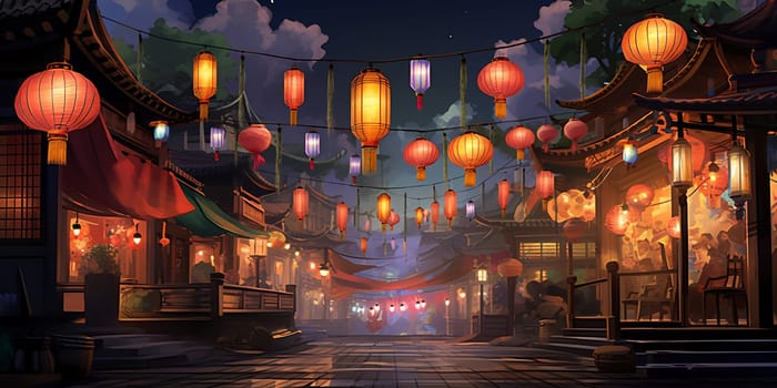 A street lined with lanterns suspended on its sides, illuminating the pathway.