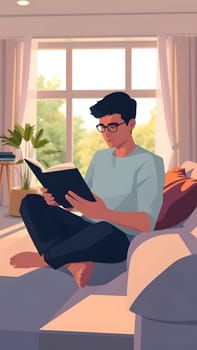 A young man sits comfortably on a couch, absorbed in reading a book with a relaxed expression. Sunlight fills the room, highlighting a serene atmosphere.