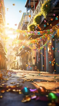 Confetti and Mardi Gras carnival decorations city street festival background. AI Generated content