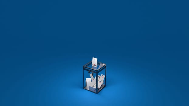 Balllot box with vote envelope on blue background. Ample negative space. Digital 3D render.